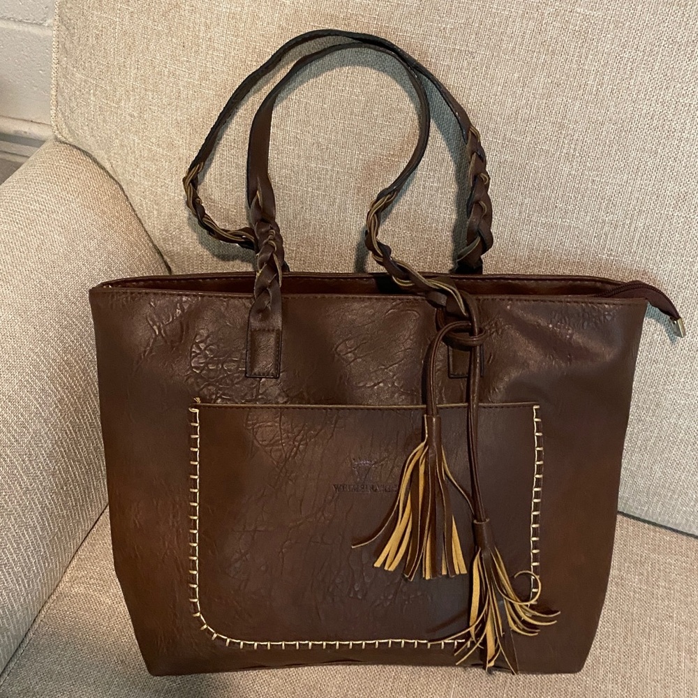 Weimeibaige brown faux leather tote bag.